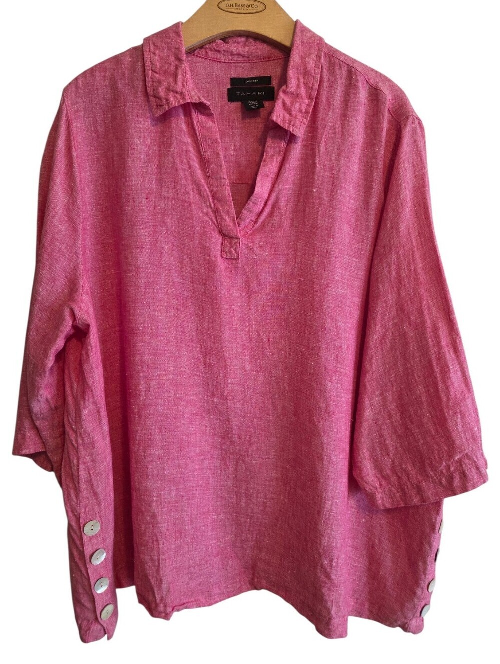 Tahari Hot Pink Linen V-Neck Tunic Sz 2X Summer Casual 3/4 Length Sleeve
